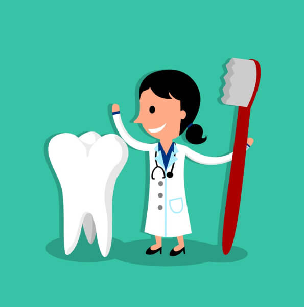 cartoon lady dentist with a tooth on the left and toothbrush on the right